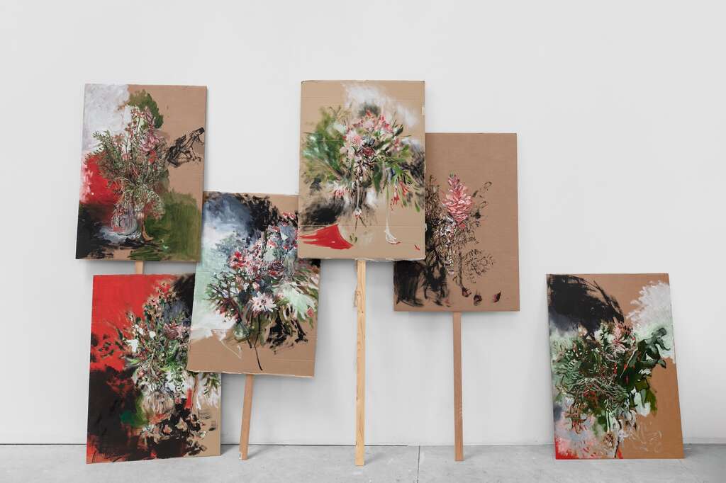 Batsheva Ross Sublimated Demonstration Signs Wartime Works Oil on cardboard and wooden sticks Size varies Max height 210cm 2025